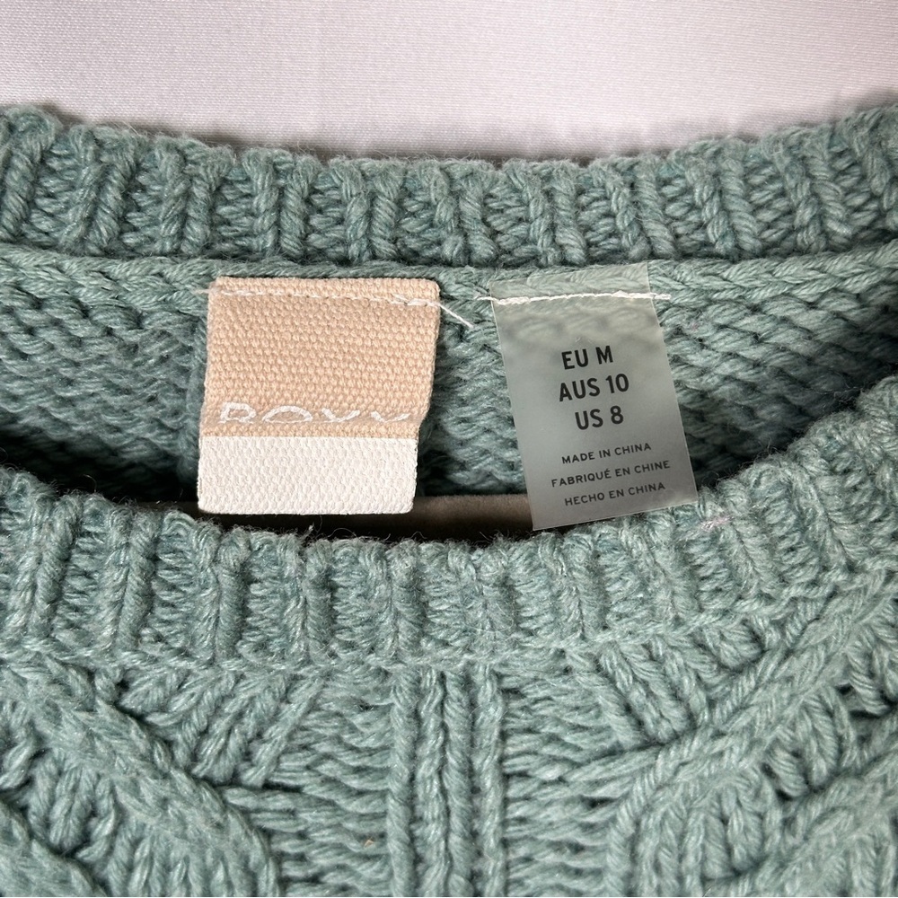 Roxy Cable Knit Sweater Cotton Wool Blend Sage Green Cozy Coastal Grandmacore M - Picture 5 of 13